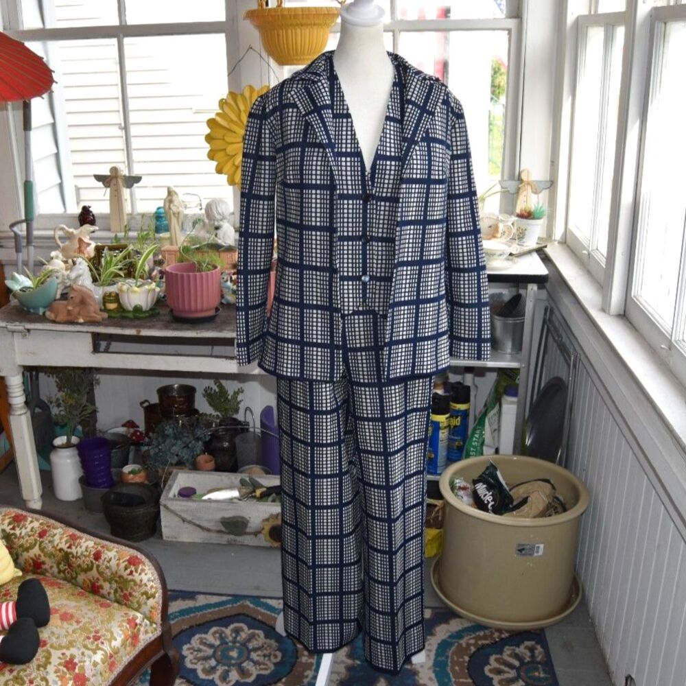Vintage 60s 3 Pc Mod Pant Suit Windowpane Jacket Vest Cropped Pants Small